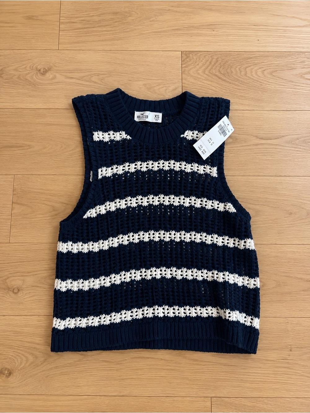 Hollister Navy & White Striped Open-Knit Sleeveless Sweater Vest